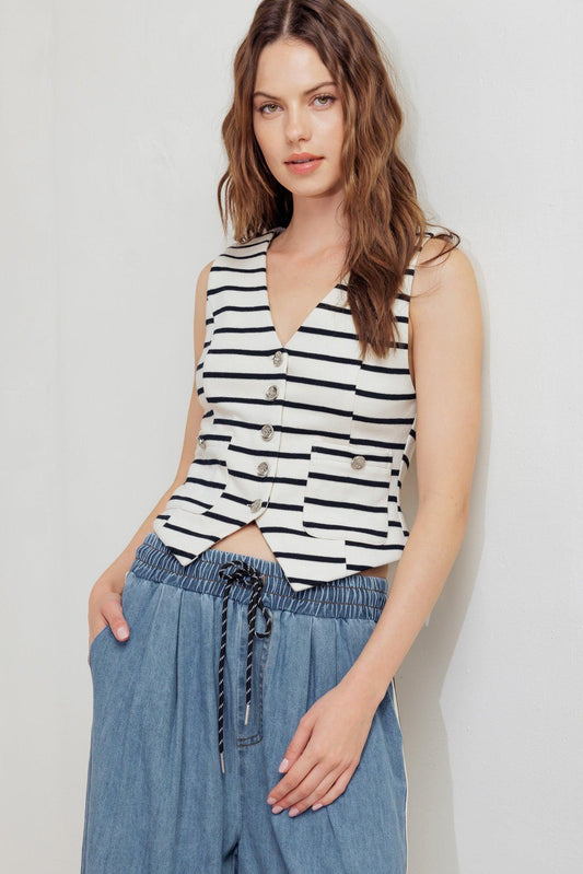 Marine Chic Woven Vest in cream black, view 4 — Soul Flow Apparel
