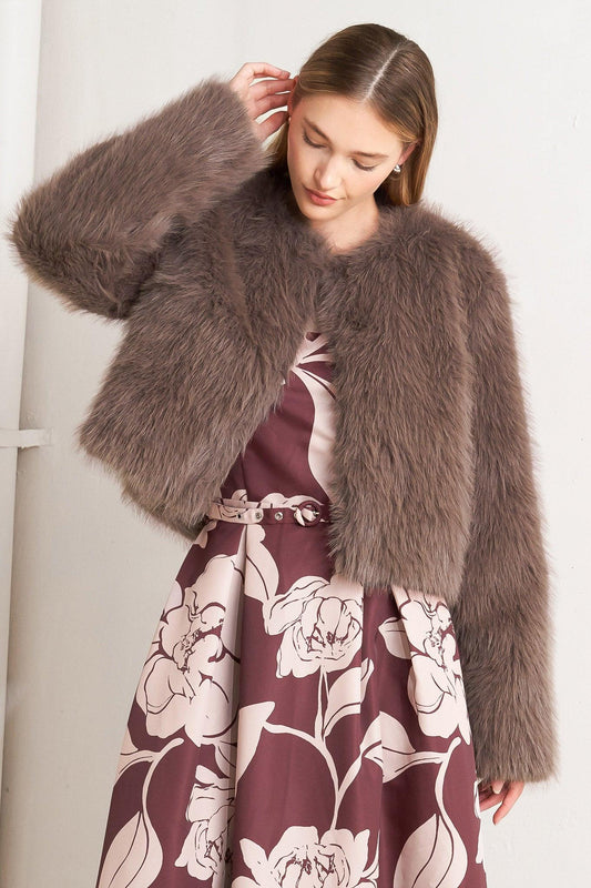 London Flare Mocha Faux Fur Crop Jacket, view 5 — Soul Flow Apparel