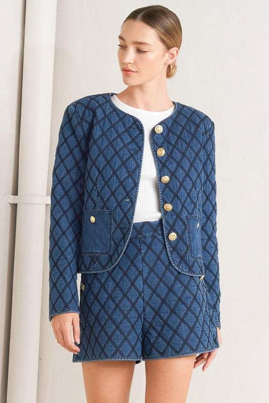 Modernluxe Quilted Woven Jacket in denim blue, view 3 — Soul Flow Apparel