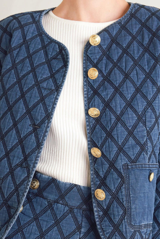 Modernluxe Quilted Woven Jacket in denim blue, view 9 — Soul Flow Apparel