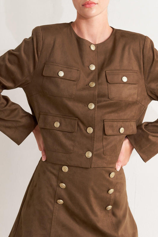 Heritage Utility Faux Suede Jacket in brown, view 9 — Soul Flow Apparel