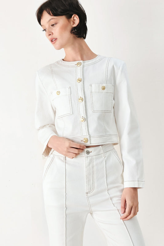 Fifth Street Woven Crop Jacket in off-white, view 1 — Soul Flow Apparel