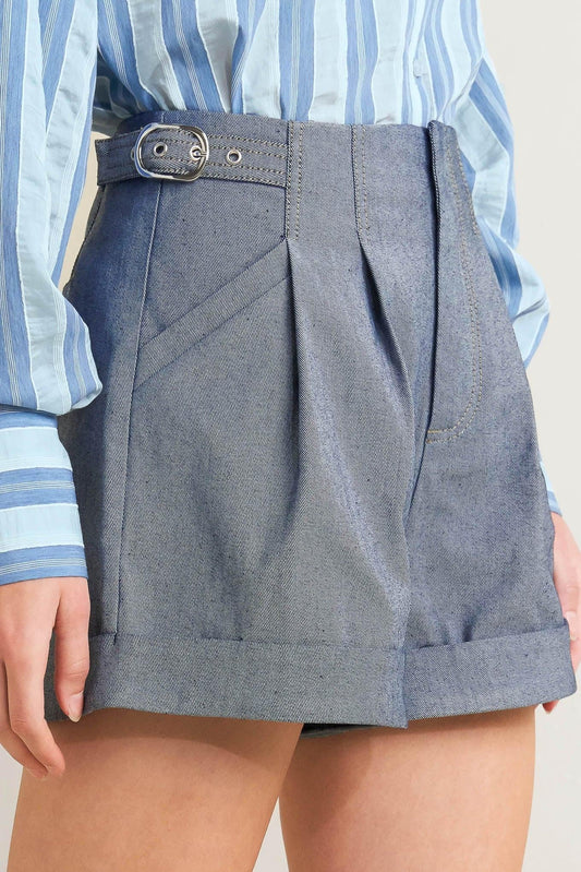 Confidently Cool Tailored Woven Short in light indigo, view 1 — Soul Flow Apparel