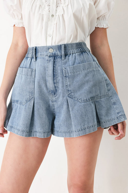 Girl Next Door Denim Short in light denim, view 2 — Soul Flow Apparel