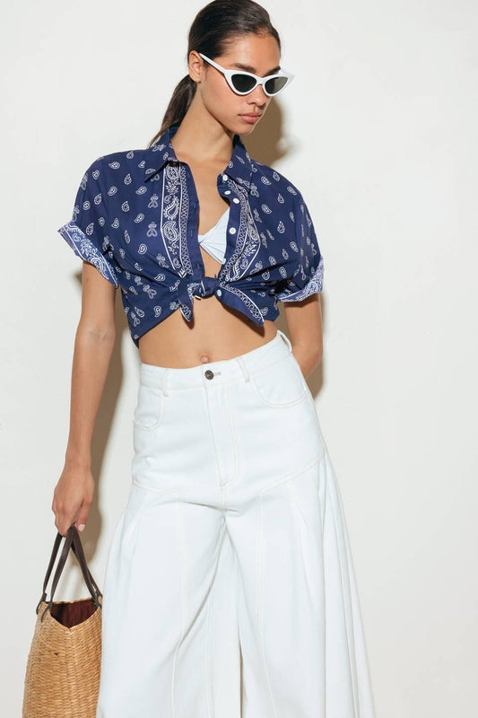 Sunkissed Meadow Woven Shirt in navy white, view 8 — Soul Flow Apparel