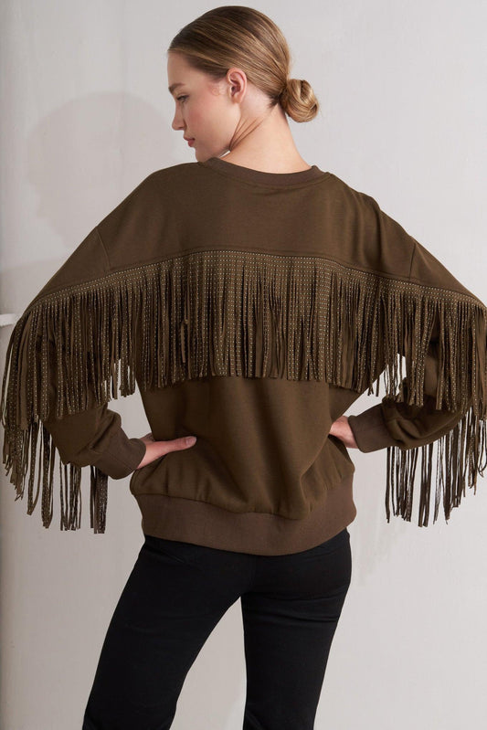 Fringe City Pullover Knit Top in camel, view 2 — Soul Flow Apparel