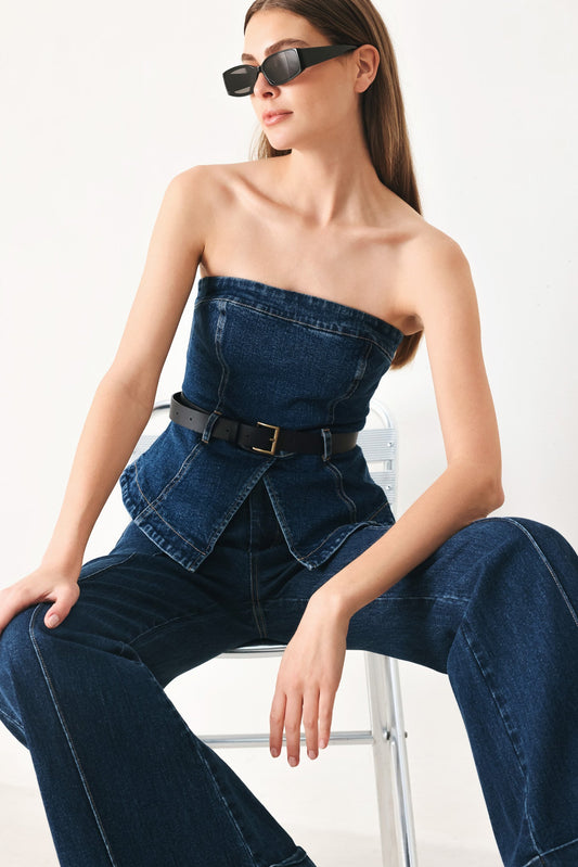 Skyline Flare Denim Tube Top in indigo denim, view 1 — Soul Flow Apparel