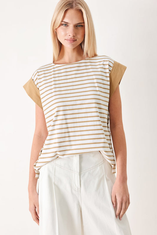 Sunset Mood Strip Knit Top in white taupe, view 1 — Soul Flow Apparel
