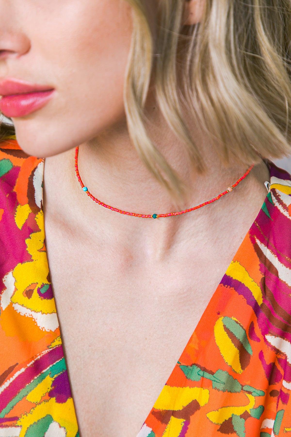 Boho Red Choker Necklace With Turquoise Beads 16 Inches Korean Made