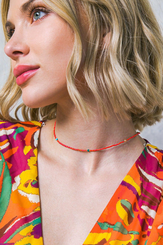 Boho Red Choker Necklace With Turquoise Beads 16 Inches Korean Made