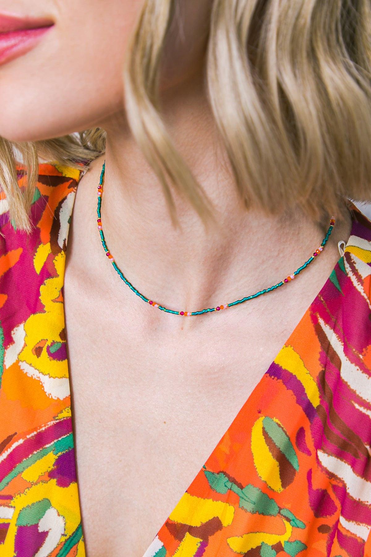 Boho Flex Green Southwest Turquoise Beaded Choker Necklace 16 Inch