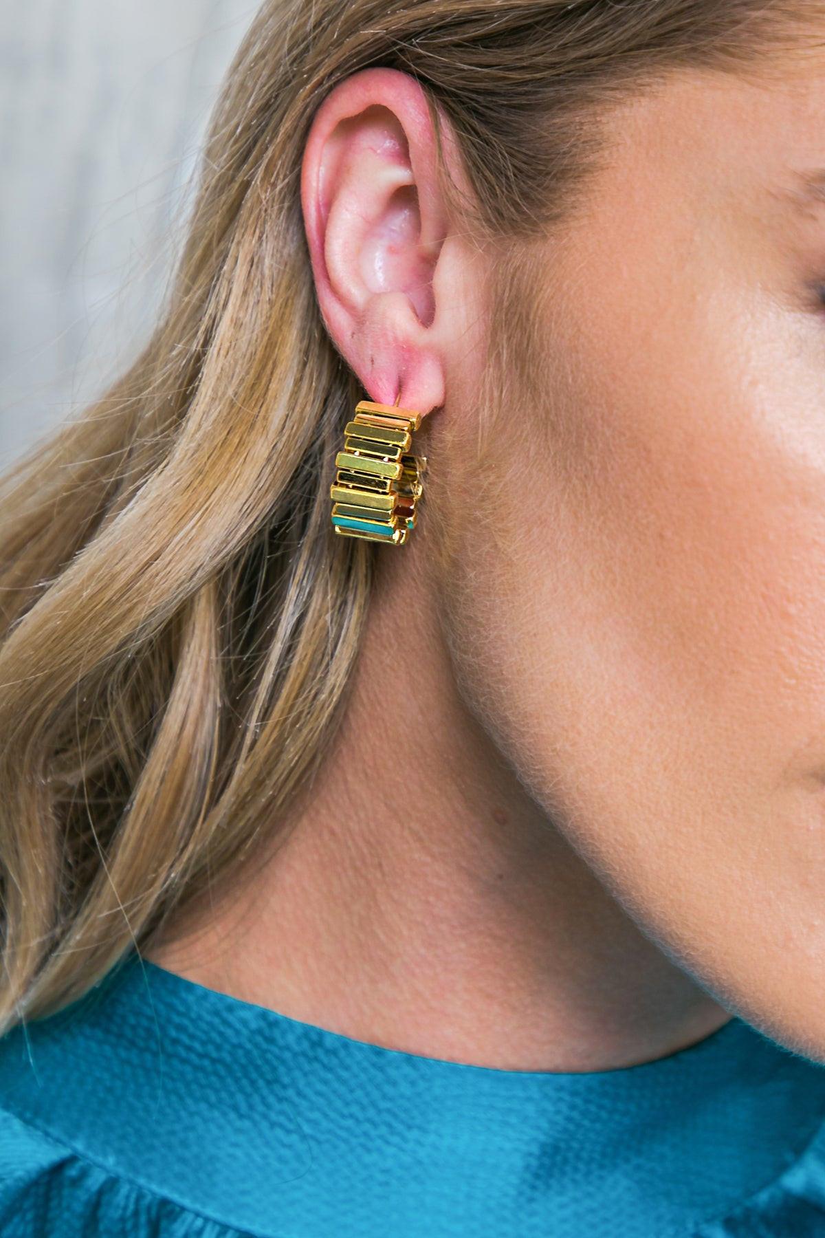 DIP Ribbed Stud Earrings Gold Plated Brass With Cubic Zirconia