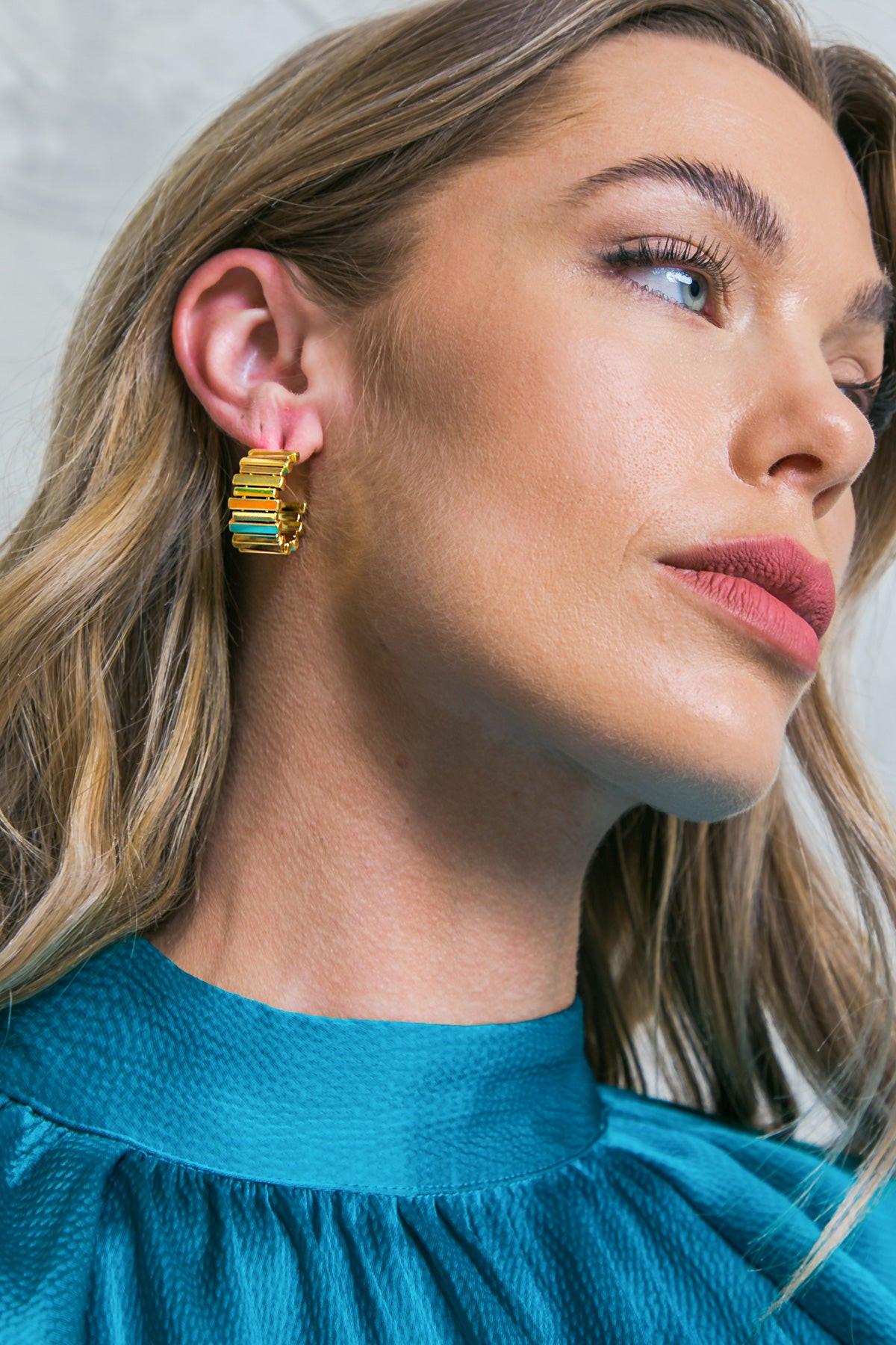 DIP Ribbed Stud Earrings Gold Plated Brass With Cubic Zirconia