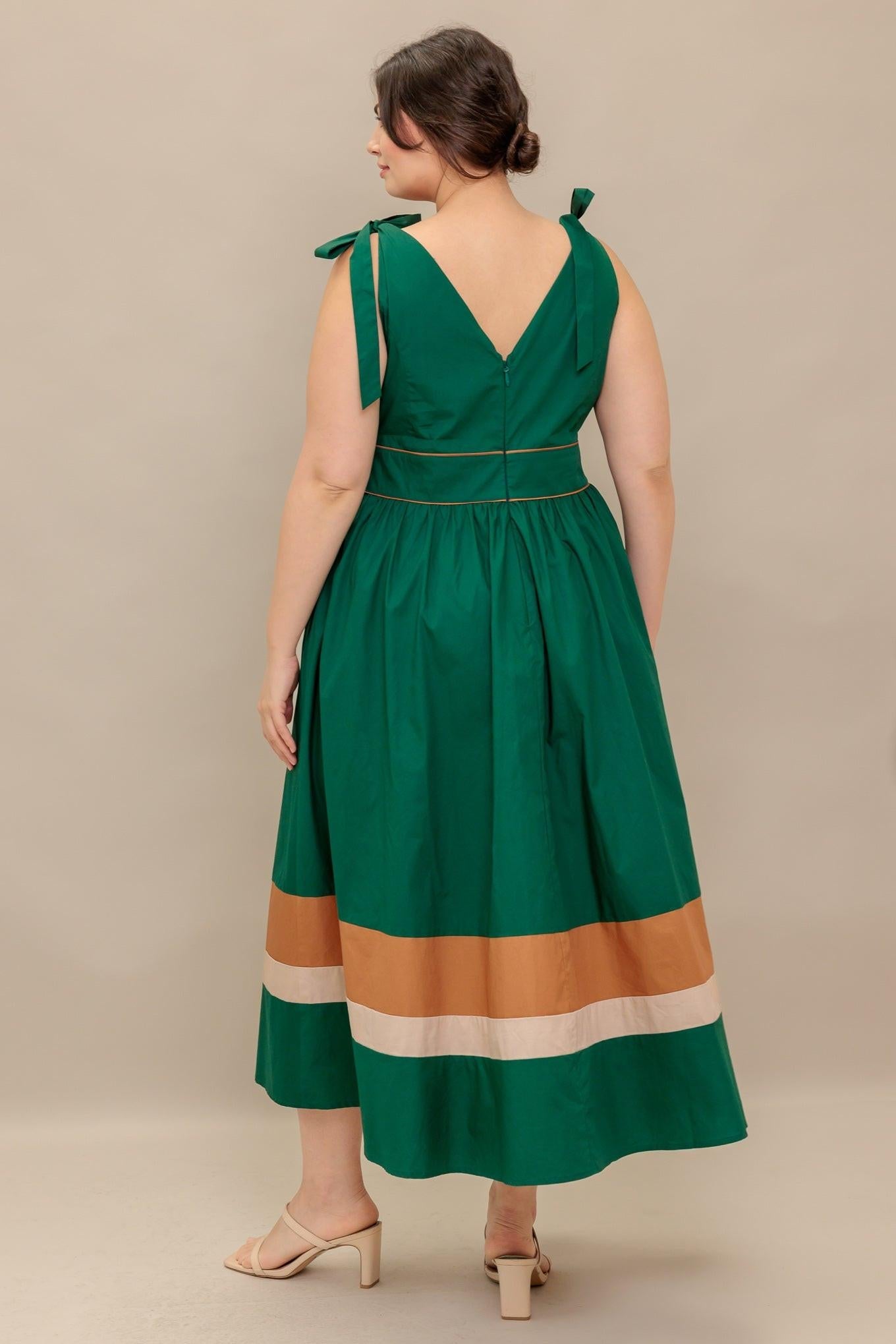 FOREST CHARM WOVEN COLOR BLOCKED MIDI DRESS