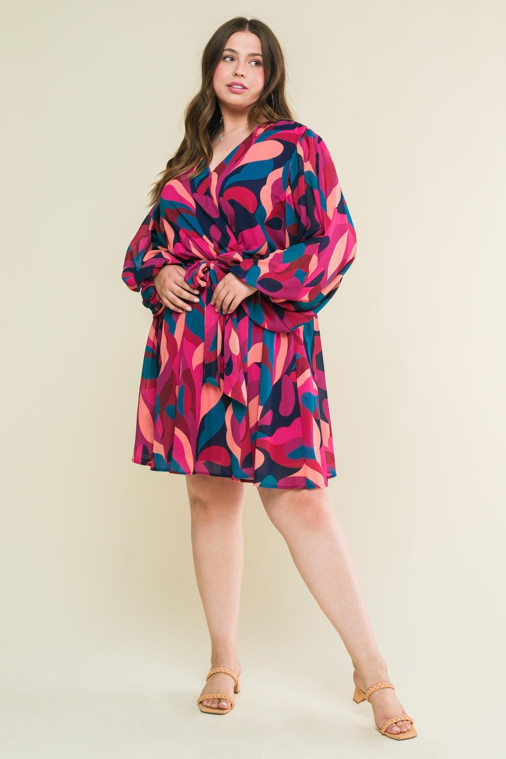 Boston Getaway Woven Mini Dress Surplice Neckline Elasticized Waist Self Tie
