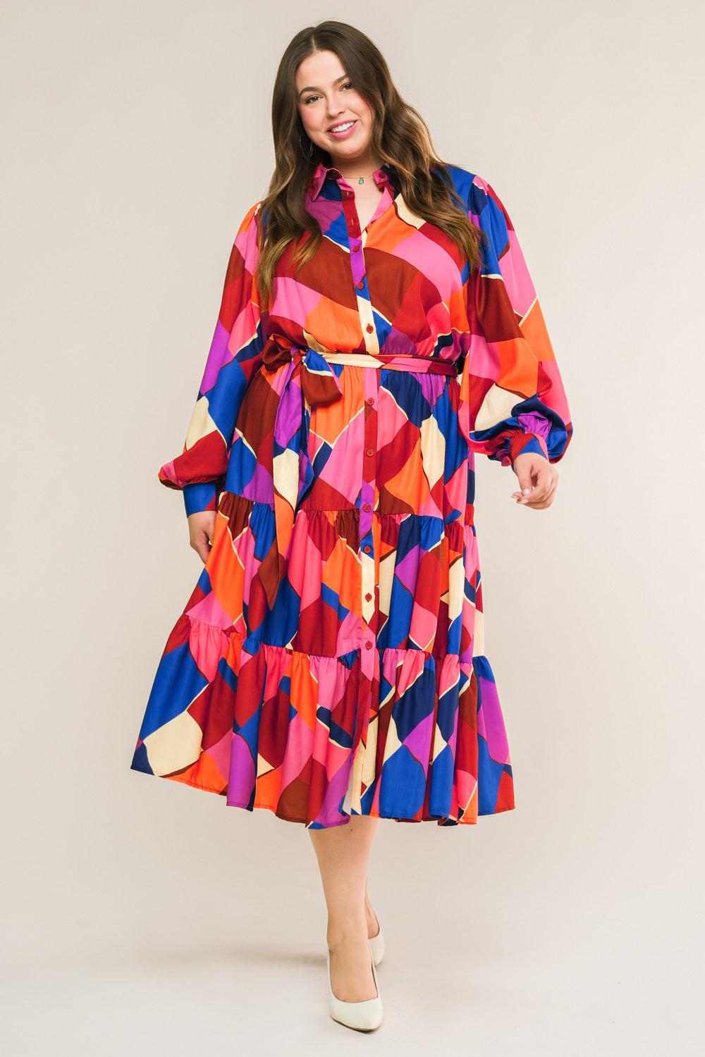 Wise Woman Printed Woven Midi Dress With Shirt Collar And Tiered Skirt