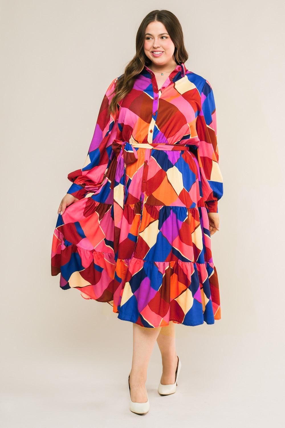 Wise Woman Printed Woven Midi Dress With Shirt Collar And Tiered Skirt