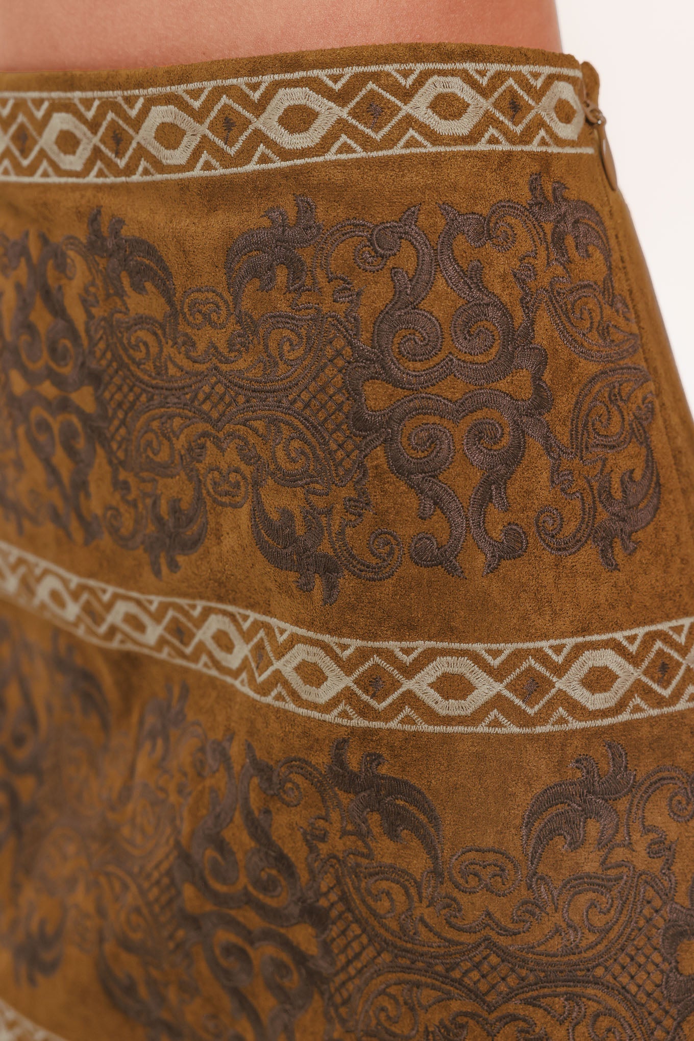 BRONZED TAPESTRY WHIM FAUX SUEDE SKIRT