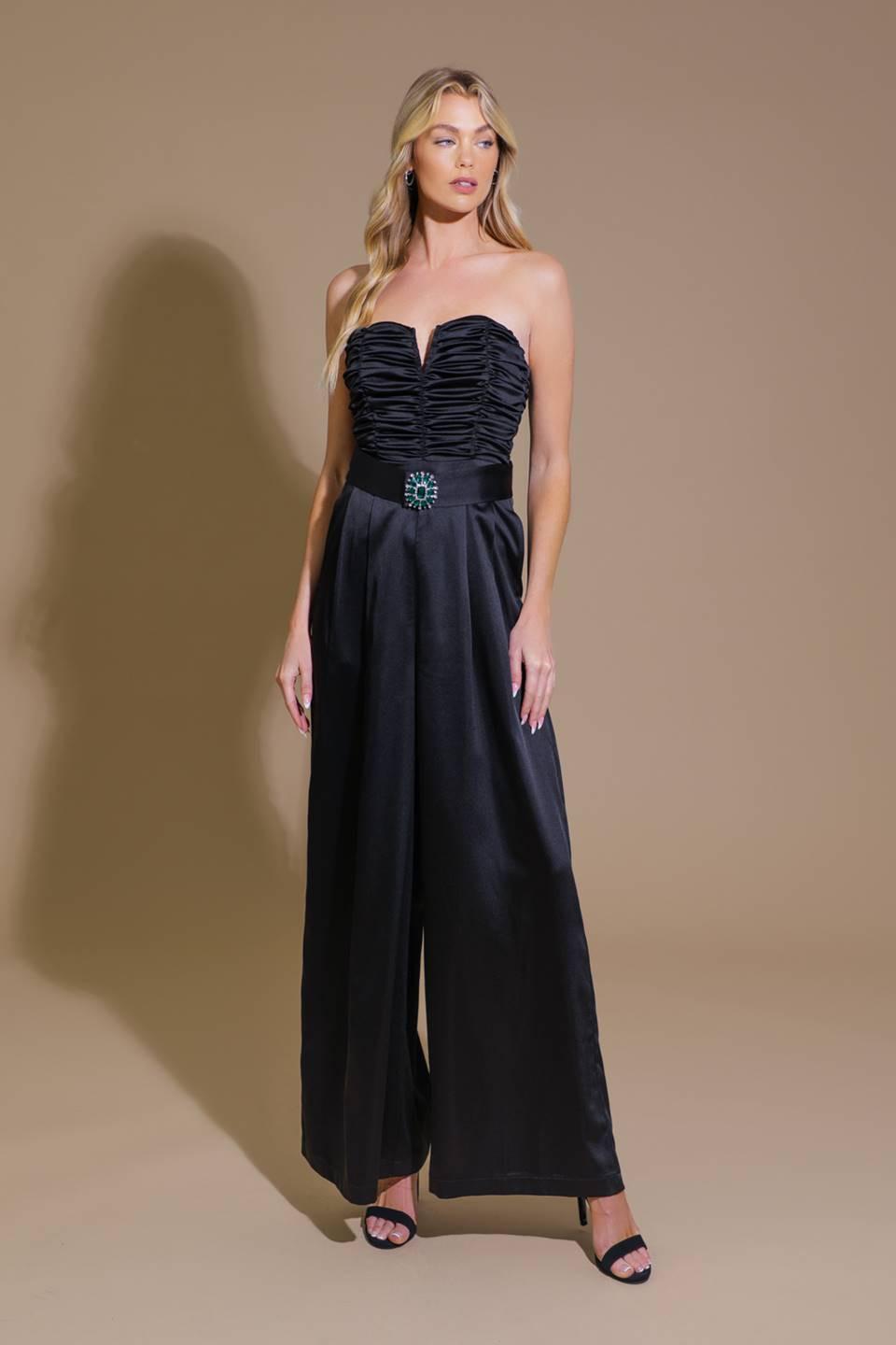 Lost In Your Eyes Woven Jumpsuit With Ruched Bodice And Side Pocket