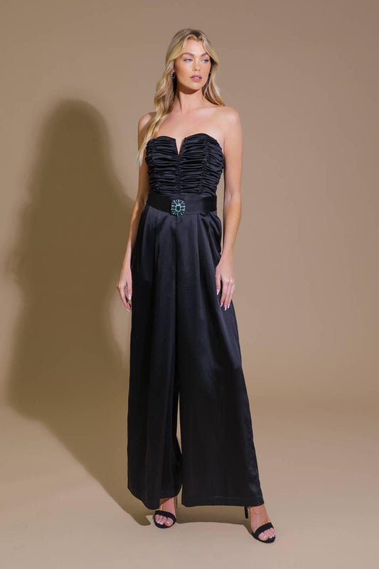Lost In Your Eyes Woven Jumpsuit With Ruched Bodice And Side Pocket