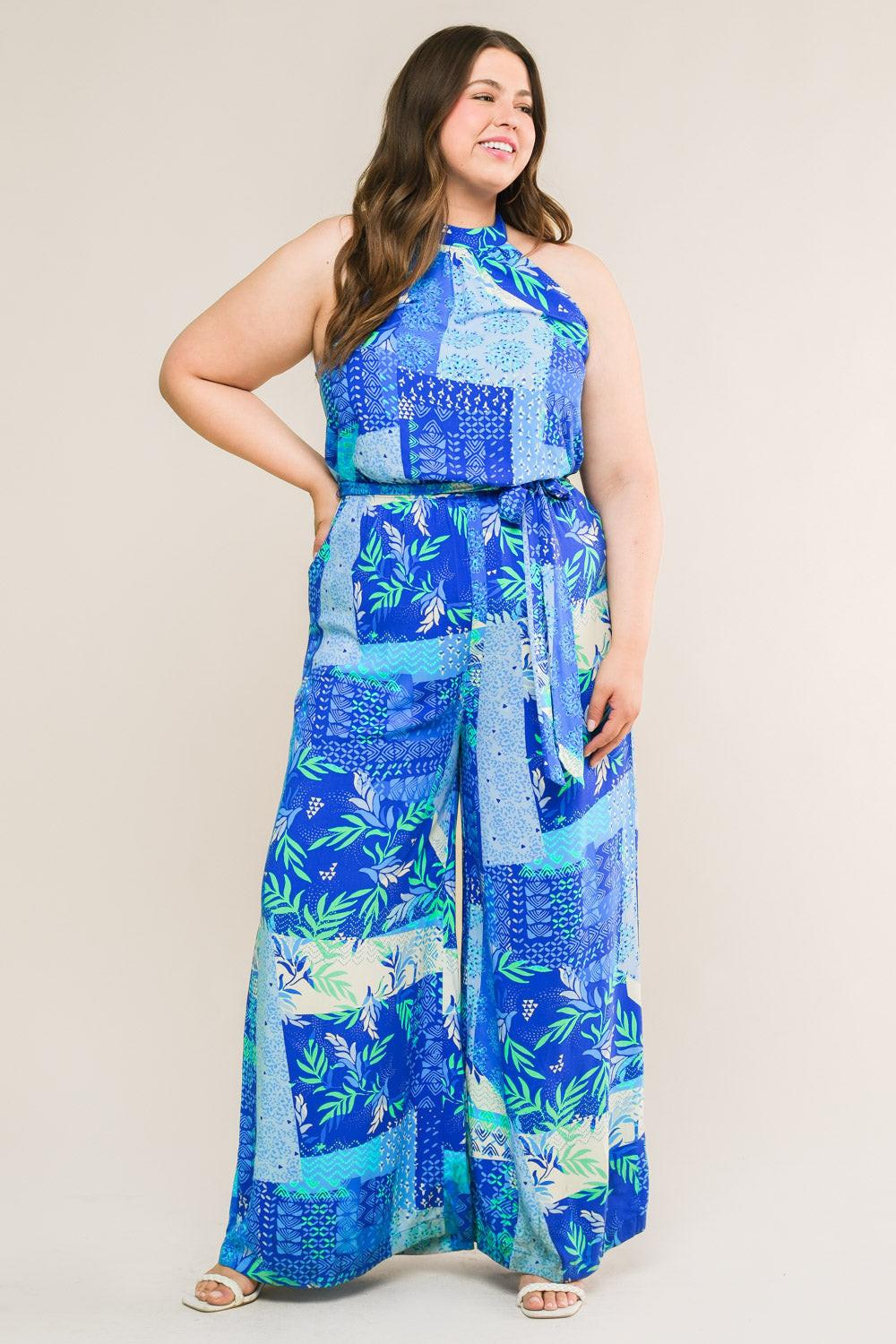 Kiss Me More Printed Woven Jumpsuit With Halter Neckline Bare Back Tie