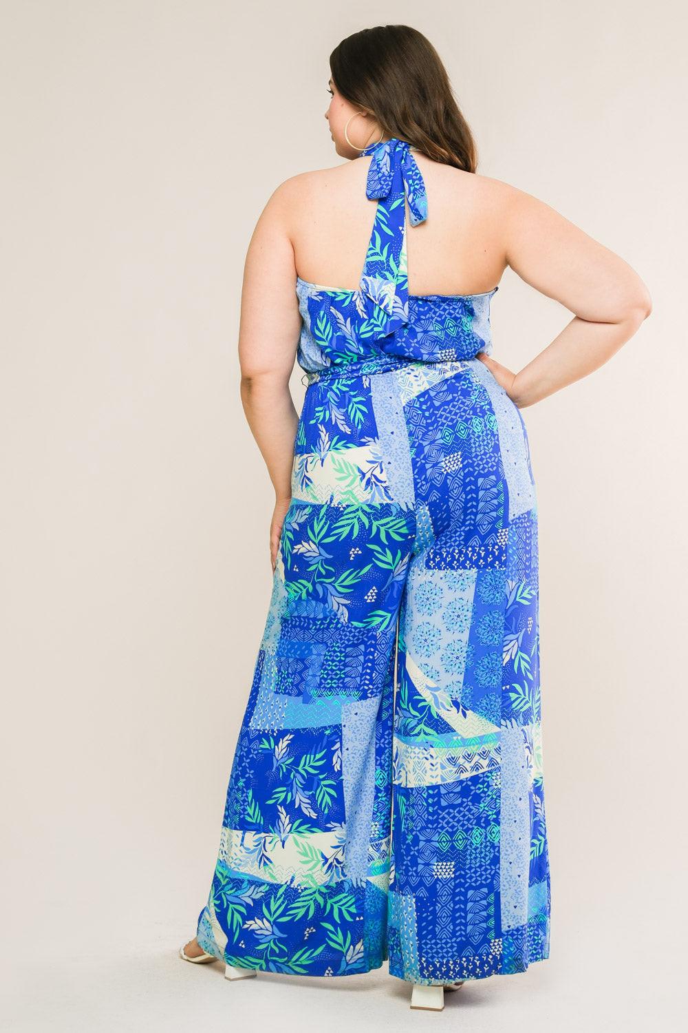 Kiss Me More Printed Woven Jumpsuit With Halter Neckline Bare Back Tie