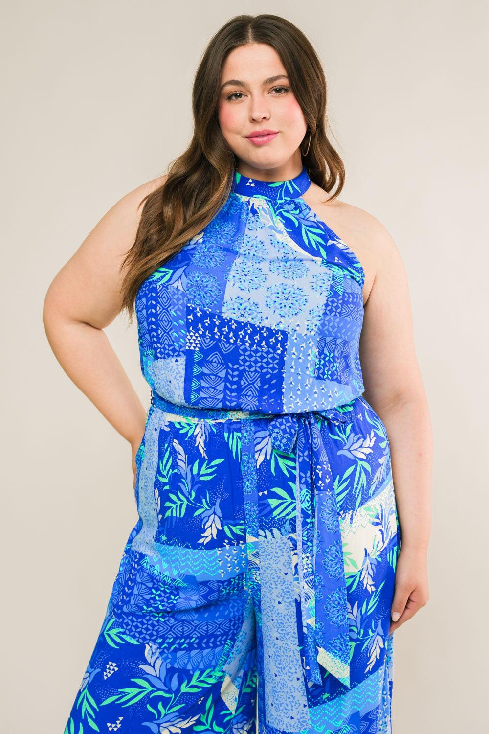 Kiss Me More Printed Woven Jumpsuit With Halter Neckline Bare Back Tie