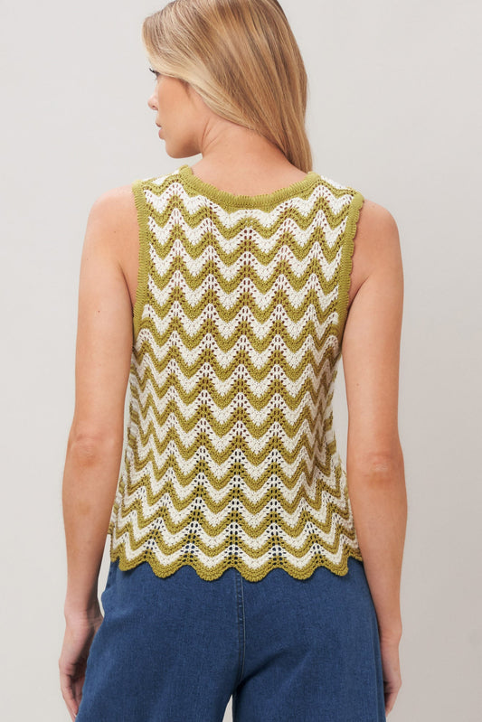 Sunset Stitch Crochet Knit Top in olive white, view 5 — Soul Flow Apparel
