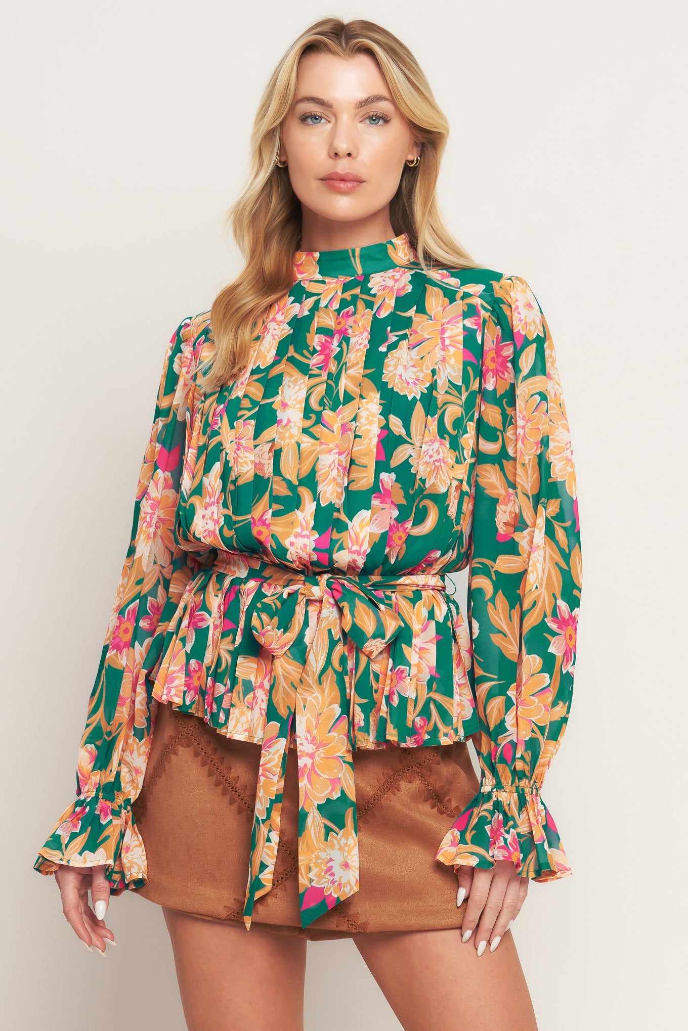 Miss Punctuality Woven Top With Pleated Body Long Sleeve And Ruffled Cuff