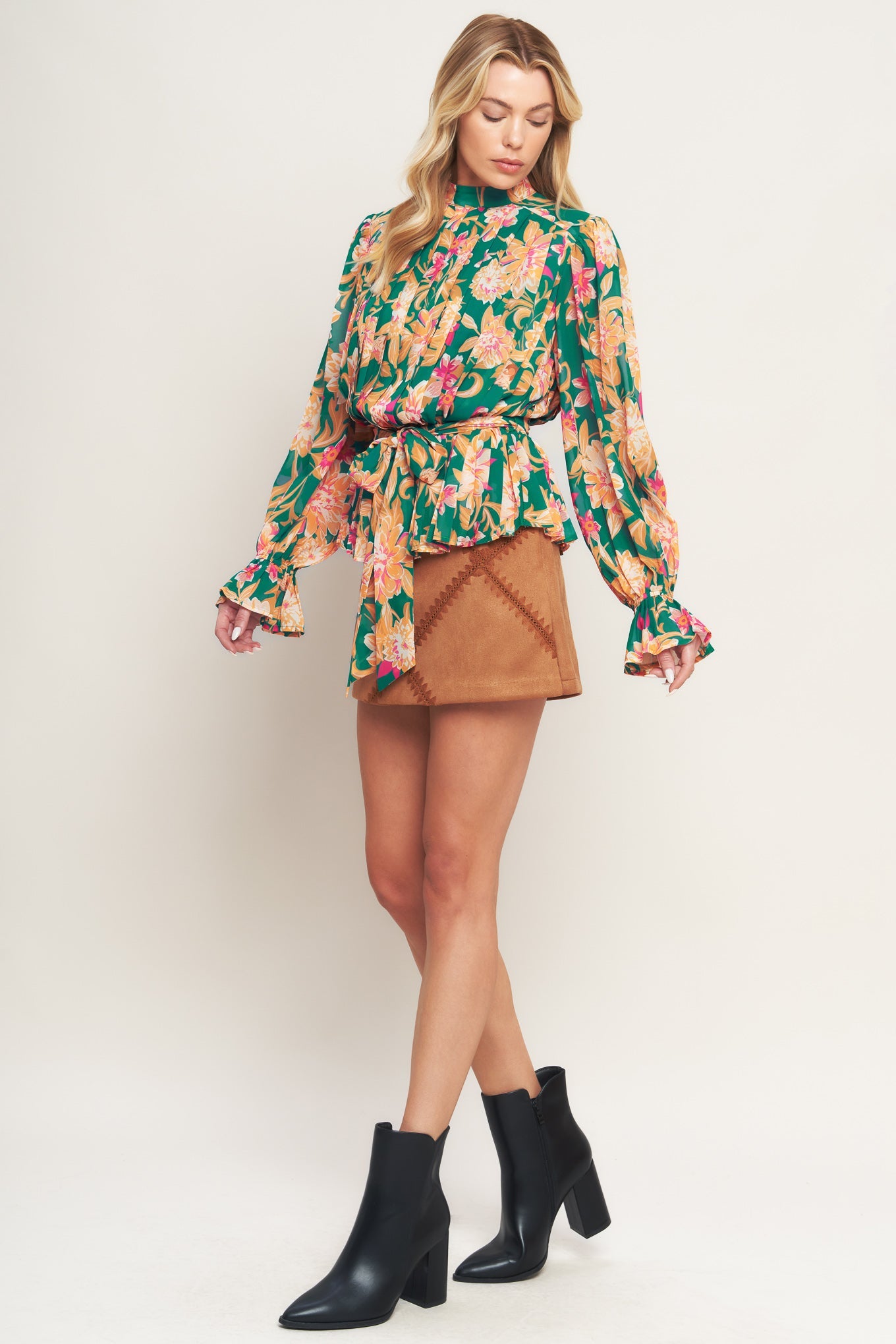 Miss Punctuality Woven Top With Pleated Body Long Sleeve And Ruffled Cuff