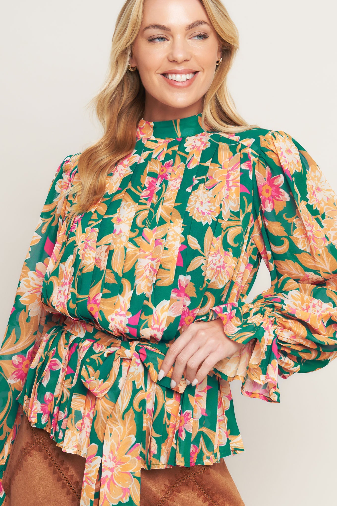 Miss Punctuality Woven Top With Pleated Body Long Sleeve And Ruffled Cuff