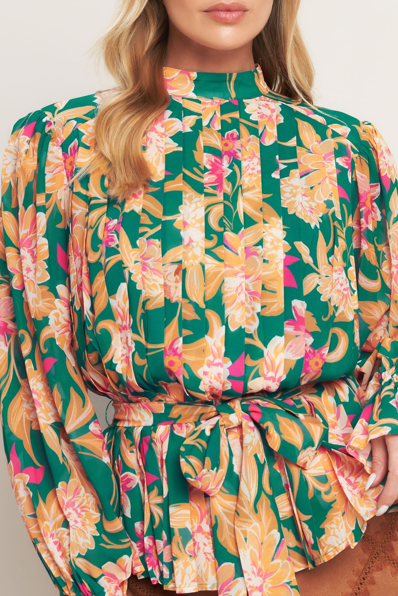 Miss Punctuality Woven Top With Pleated Body Long Sleeve And Ruffled Cuff