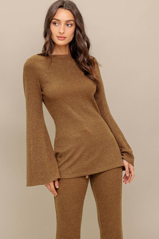 Flare Touch Solid Tunic Top in mocha, view 1 — Soul Flow Apparel