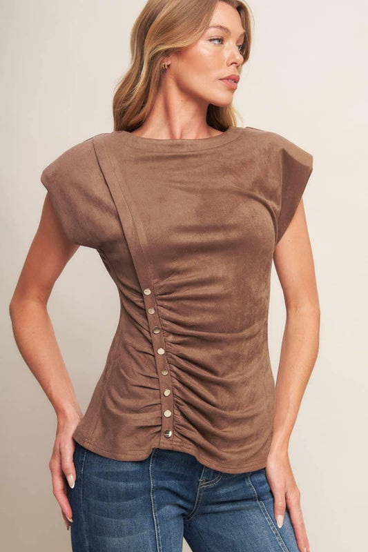 My Everyday Best Faux Suede Top in brown, view 4 — Soul Flow Apparel