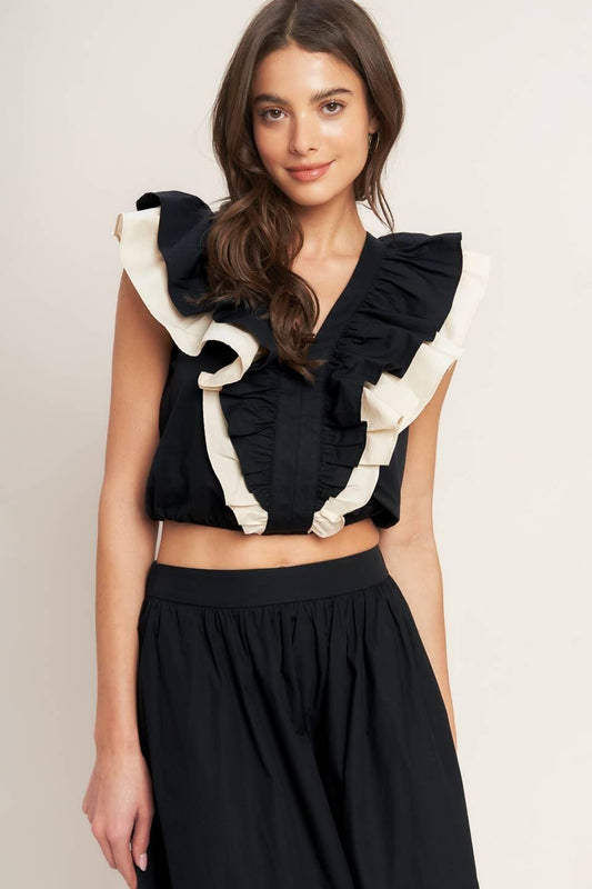 Gallery Contrast Woven Crop Top in black cream, view 1 — Soul Flow Apparel
