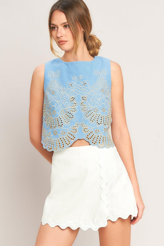 Sky Bloom Woven Eyelet Top in sky blue, view 2 — Soul Flow Apparel