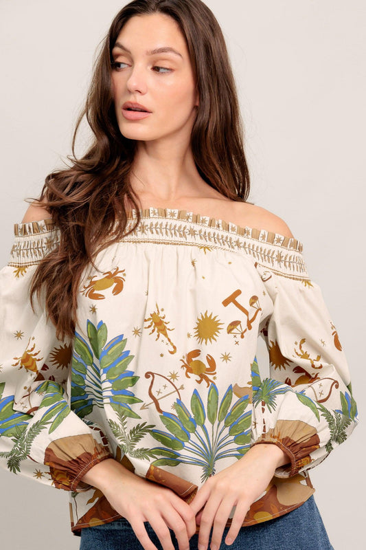 Sunlit Garden Woven Off Shoulder Top in cream, view 6 — Soul Flow Apparel