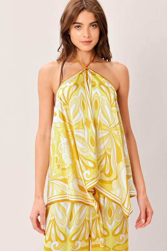 Golden Swirl Woven Hanky Top in lemon, view 1 — Soul Flow Apparel