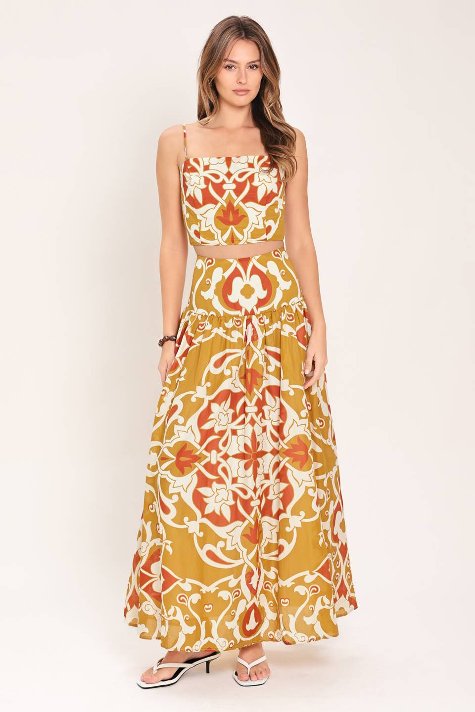 Golden Island Woven Top And Skirt Set in camel multi, view 1 — Soul Flow Apparel