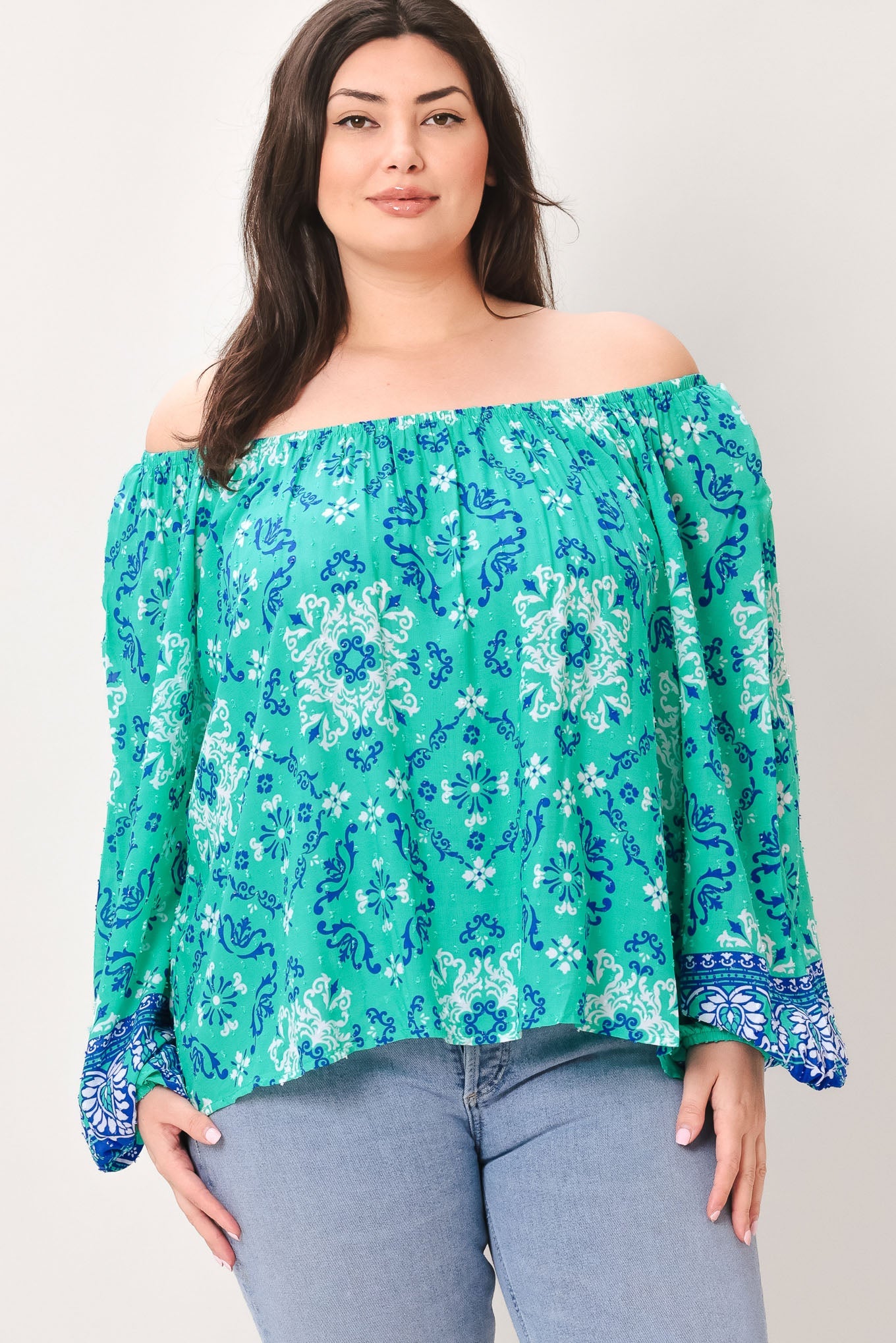 Send My Love Woven Top With Wide Neckline Long Sleeve And Ruffle Trim Rayon