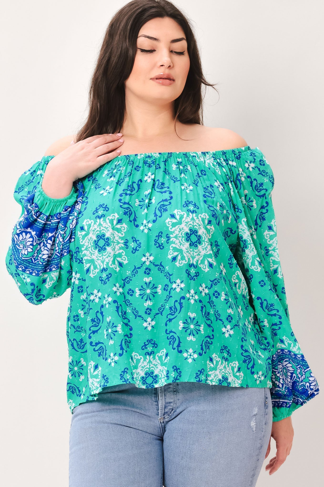Send My Love Woven Top With Wide Neckline Long Sleeve And Ruffle Trim Rayon