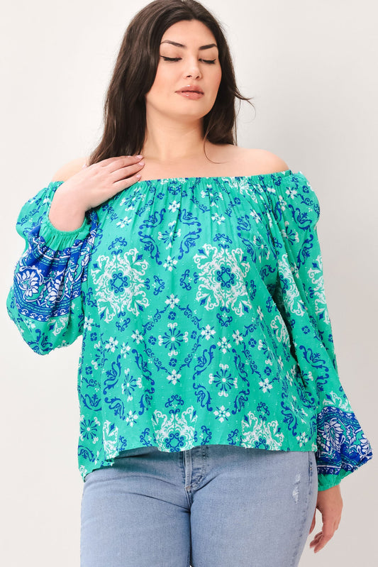 Send My Love Woven Top With Wide Neckline Long Sleeve And Ruffle Trim Rayon