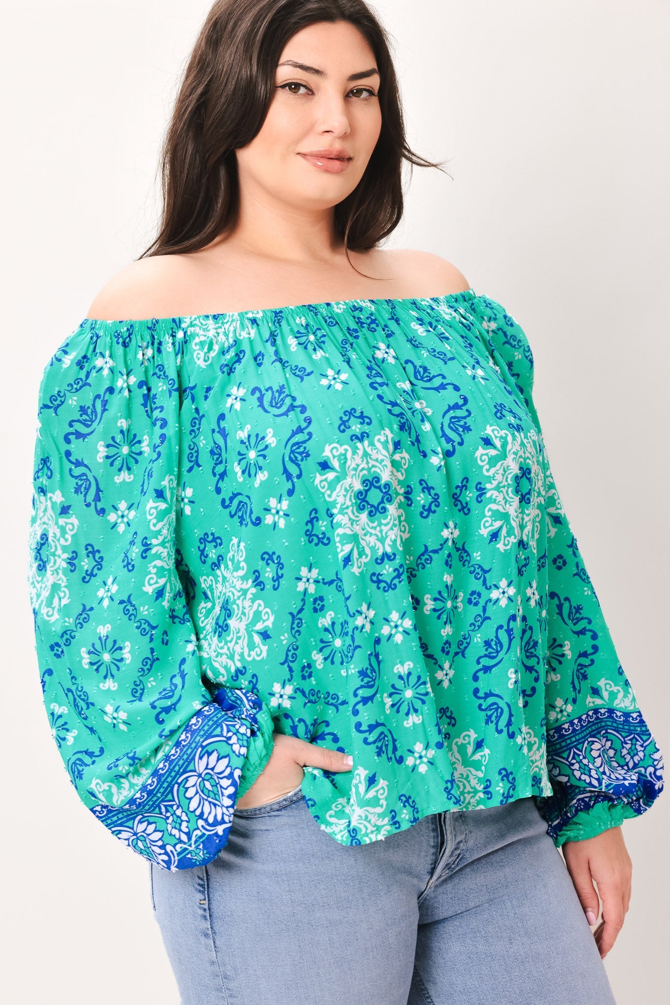 Send My Love Woven Top With Wide Neckline Long Sleeve And Ruffle Trim Rayon