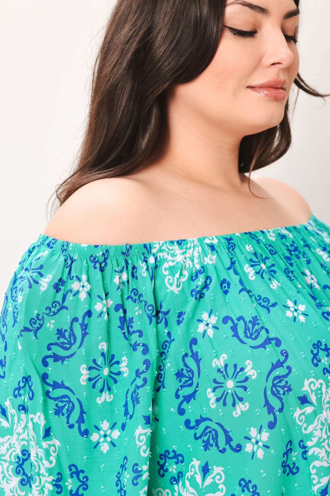 Send My Love Woven Top With Wide Neckline Long Sleeve And Ruffle Trim Rayon