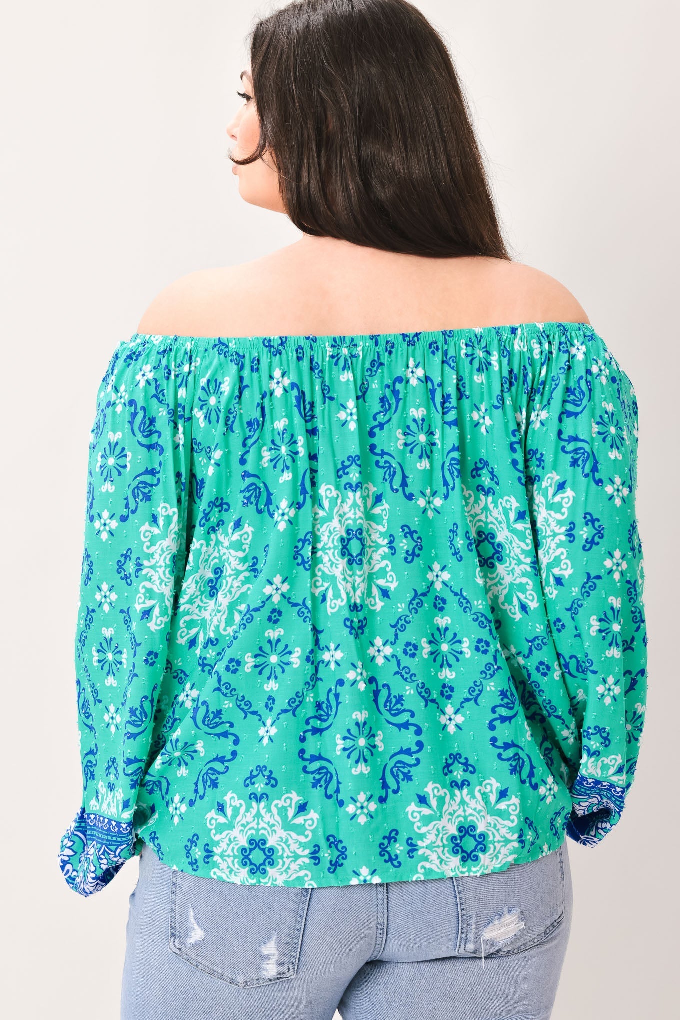 Send My Love Woven Top With Wide Neckline Long Sleeve And Ruffle Trim Rayon