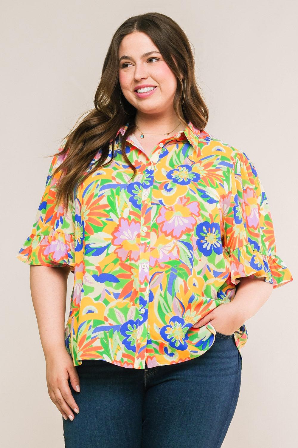 Ready to Get Away Woven Top with Short Sleeves and Ruffle Hem Polyester