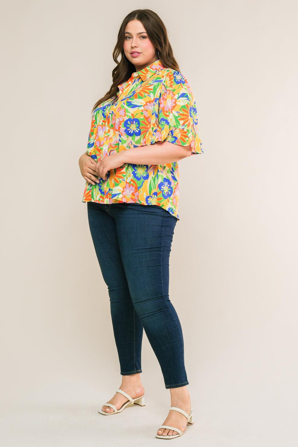 Ready to Get Away Woven Top with Short Sleeves and Ruffle Hem Polyester