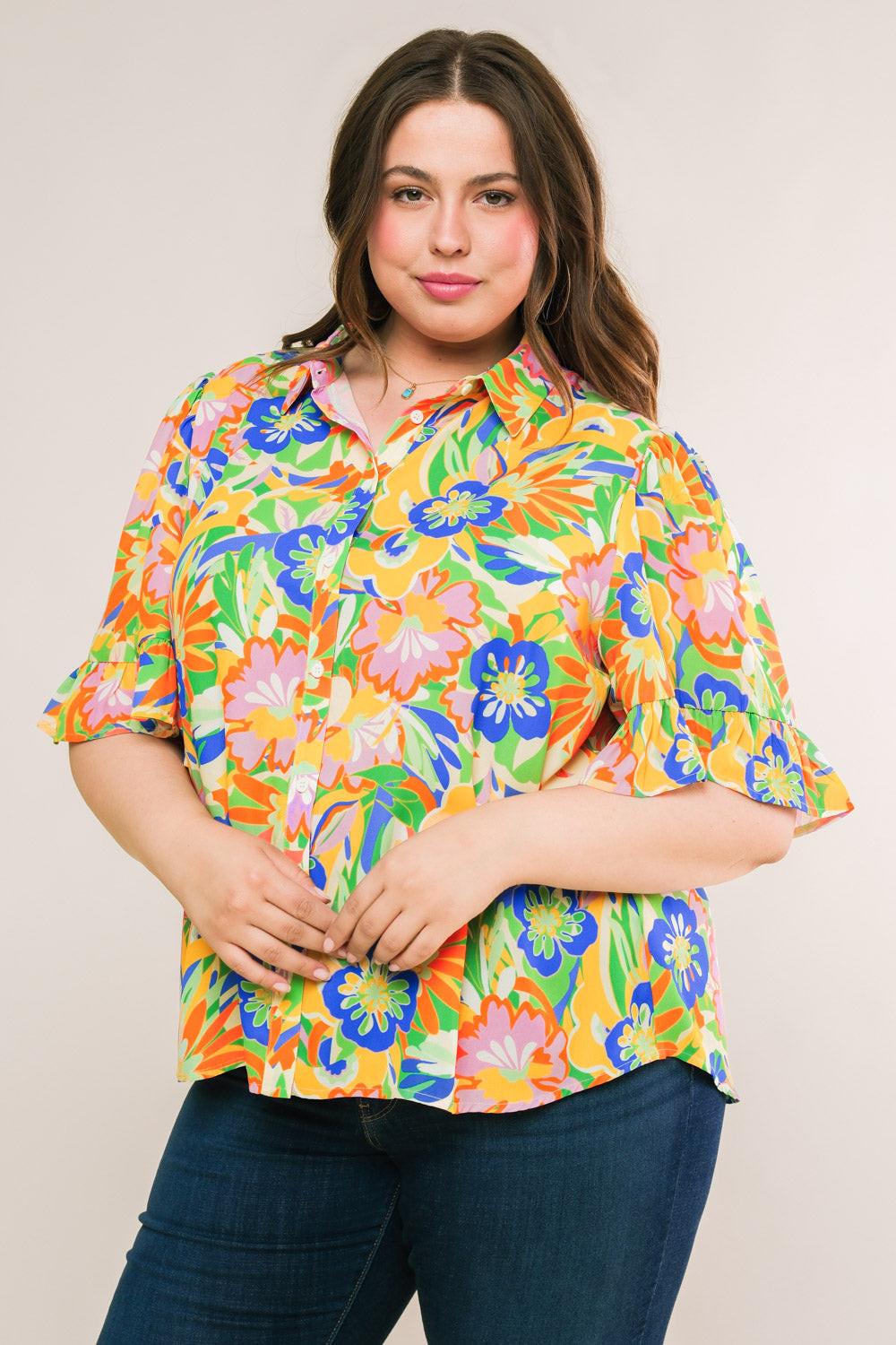 Ready to Get Away Woven Top with Short Sleeves and Ruffle Hem Polyester