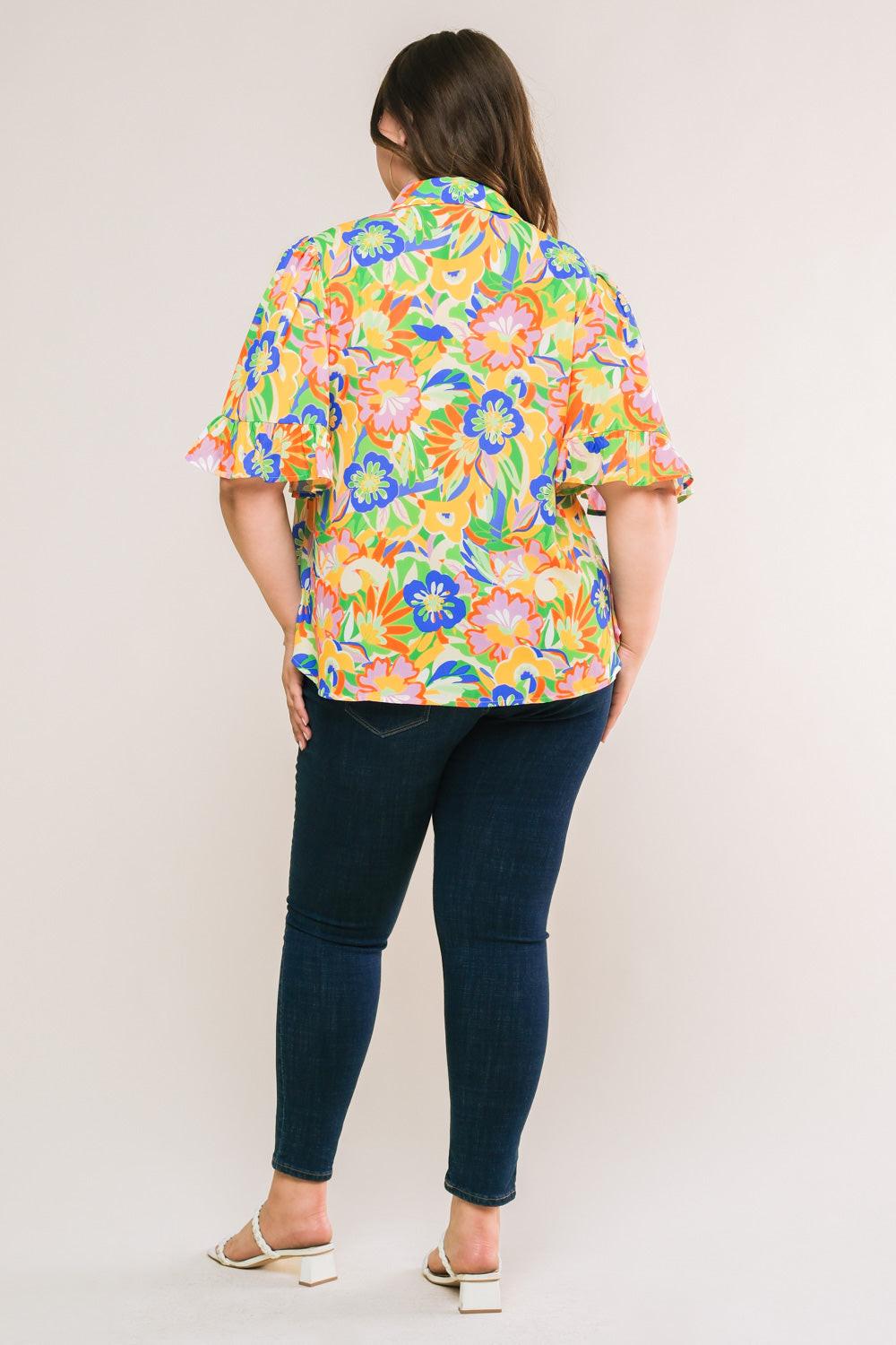 Ready to Get Away Woven Top with Short Sleeves and Ruffle Hem Polyester