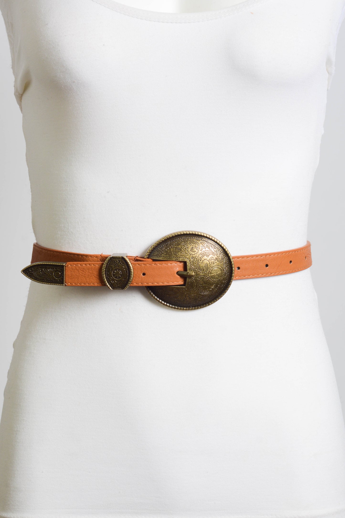 Leto Collection vintage oval buckle belt in tan with a decorative metal buckle designed for a stylish look